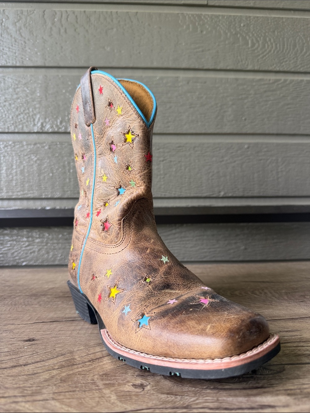 Dan post starlett Brown Leather Star Accent Cowboy Boots Turquoise Trim size 5 - Picture 5 of 7